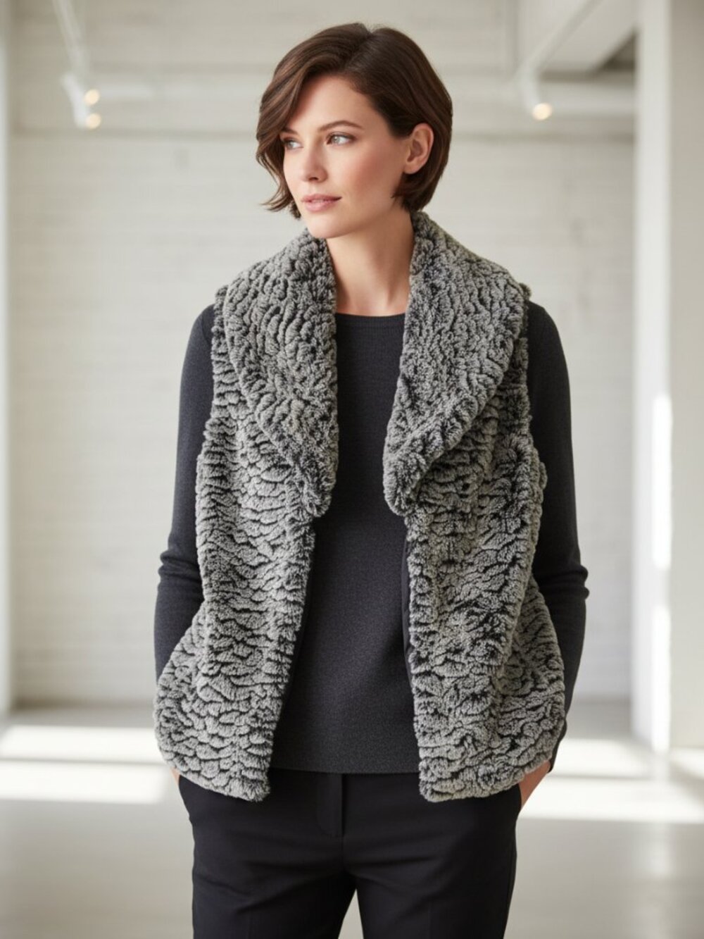 Poppy's M L Vest Women's Faux Fur Soft Fuzzy Gray Open Front Jacket Boho Cottage